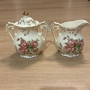 Vintage Porcelain Floral Sugar Bowl with Lid and Creamer Jug